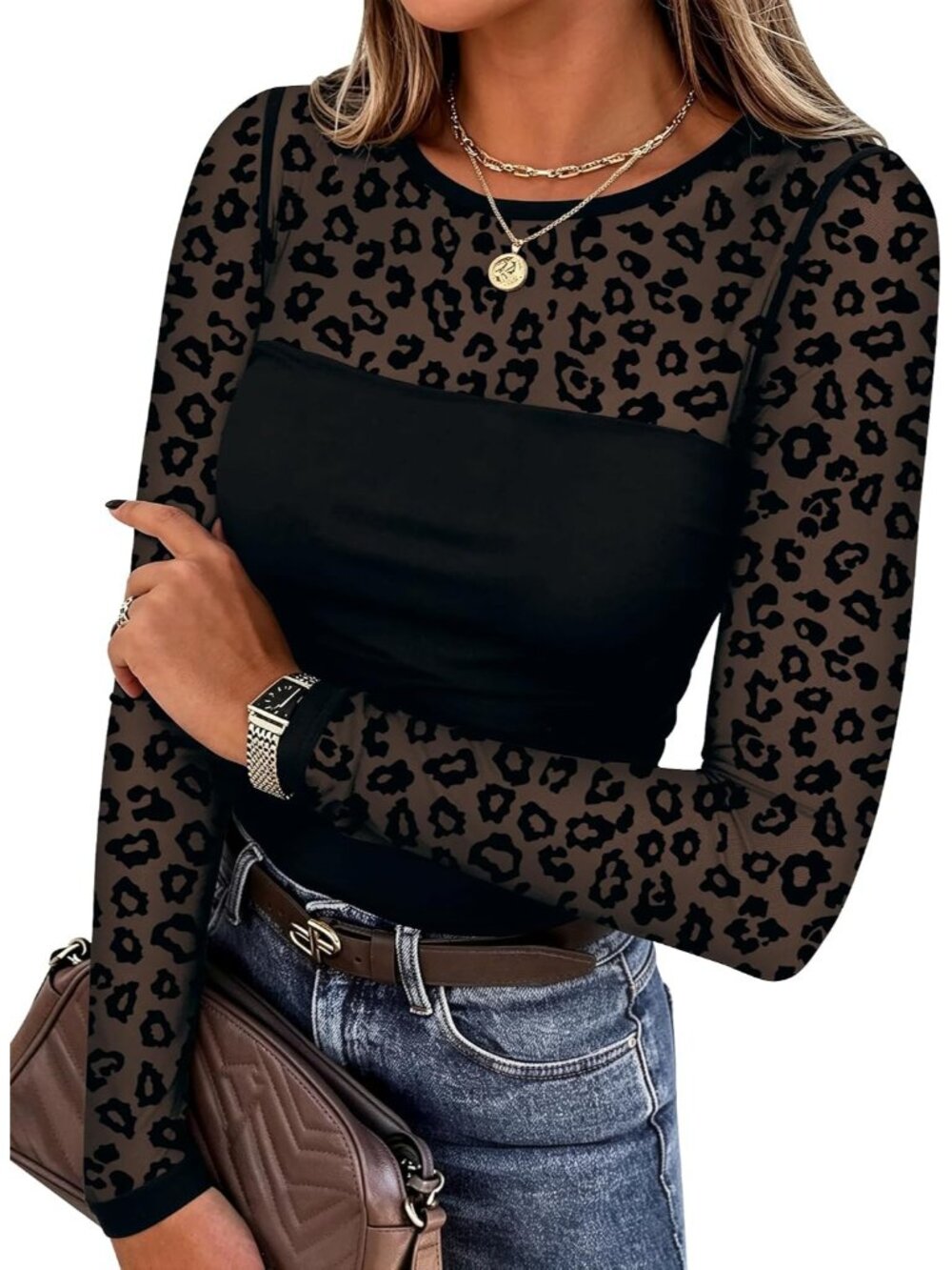 Womens Black Leopard Sheer Mesh Round Neck Long Sleeve Plain Hem Slim Blouse Top